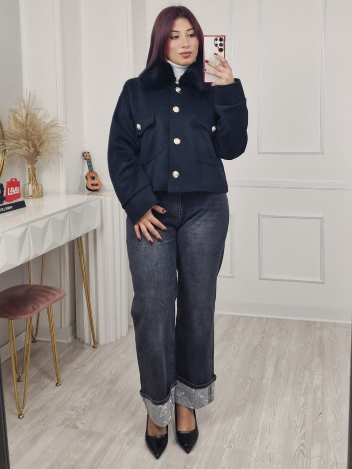 Cappotto in panno in pelliccia modello corto con tasche con fodera con maniche lunghe con bottoni morbido e caldo Nero Level Stores