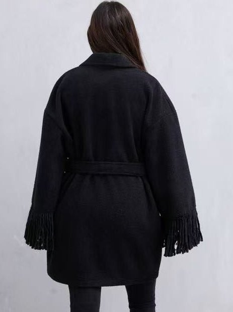 Cappotto in panno inclusa la cintura con tasche manica con frange morbido e caldo Grigio Level Stores