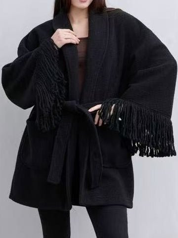 Cappotto in panno inclusa la cintura con tasche manica con frange morbido e caldo Nero Level Stores