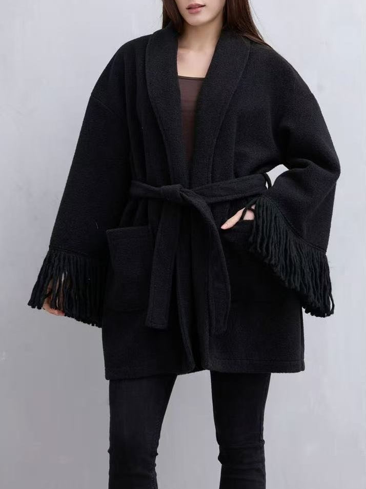Cappotto in panno inclusa la cintura con tasche manica con frange morbido e caldo Grigio Level Stores
