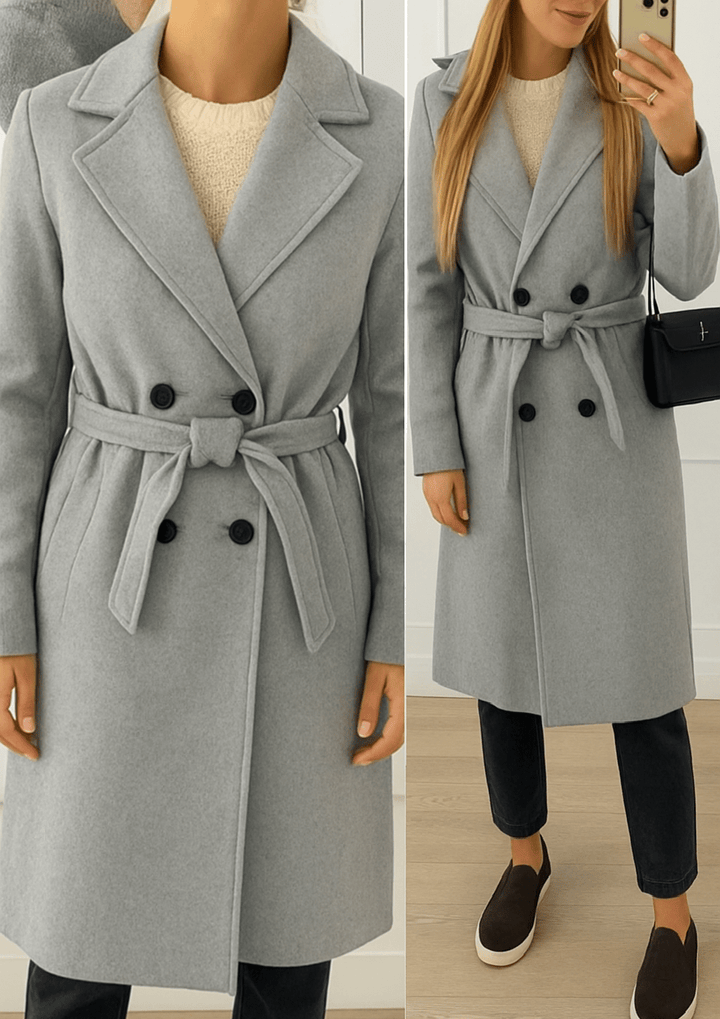 Cappotto in panno modello lungo inclusa la cintura caratterizzato da chiusura a doppio bottone caldo e morbido Grigio Level Stores