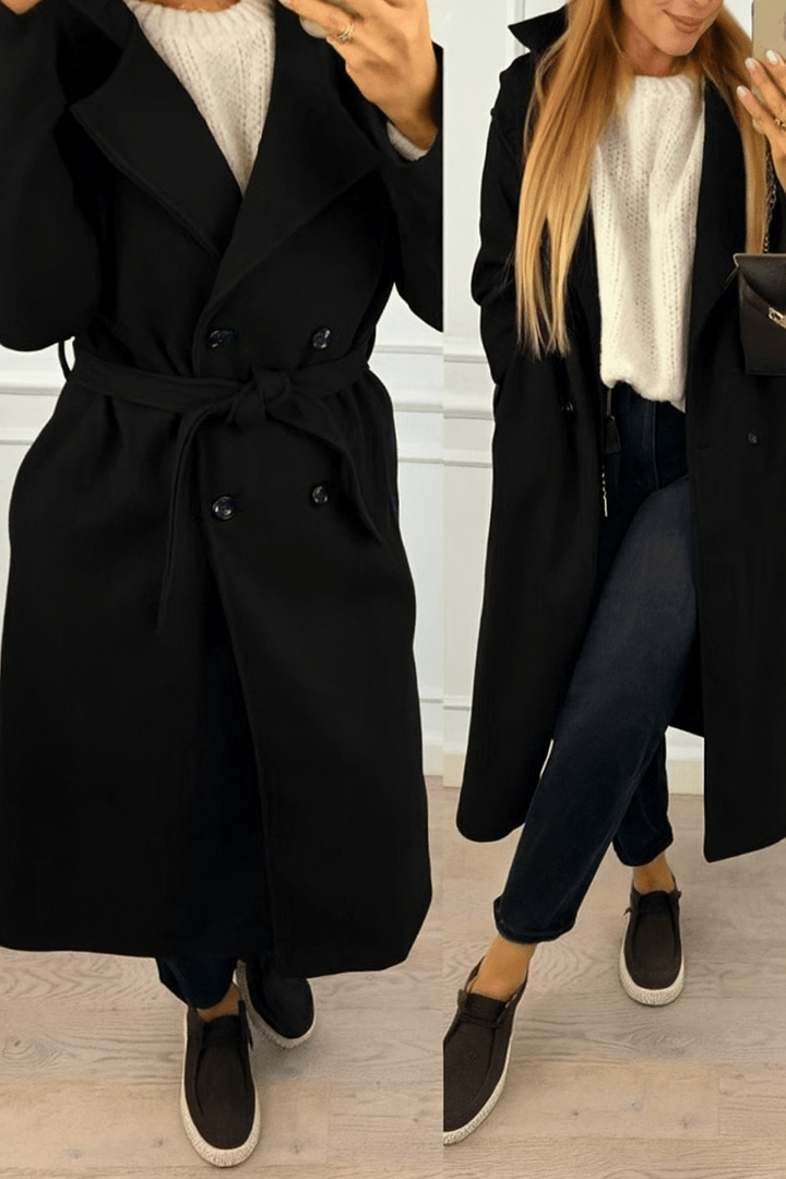 Cappotto in panno modello lungo inclusa la cintura caratterizzato da chiusura a doppio bottone caldo e morbido Nero Level Stores
