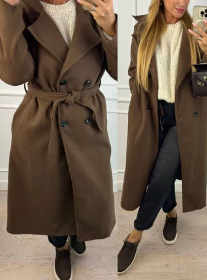 Cappotto in panno modello lungo inclusa la cintura caratterizzato da chiusura a doppio bottone caldo e morbido Marrone Level Stores