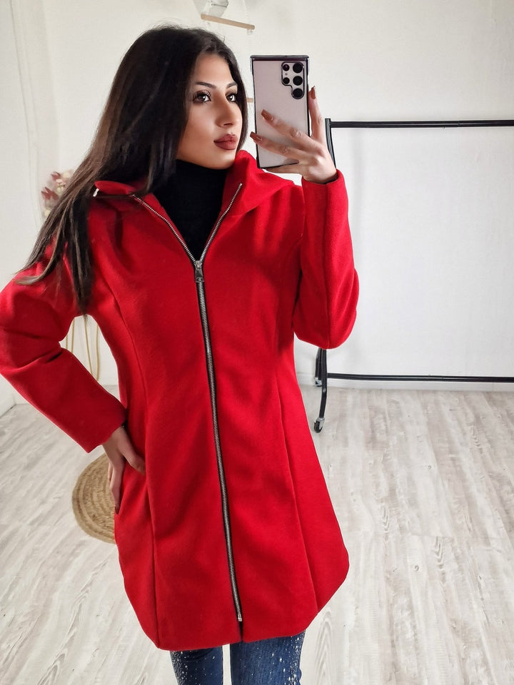 Cappotto in panno tinta unita zip centrale - Rosso - Level Stores