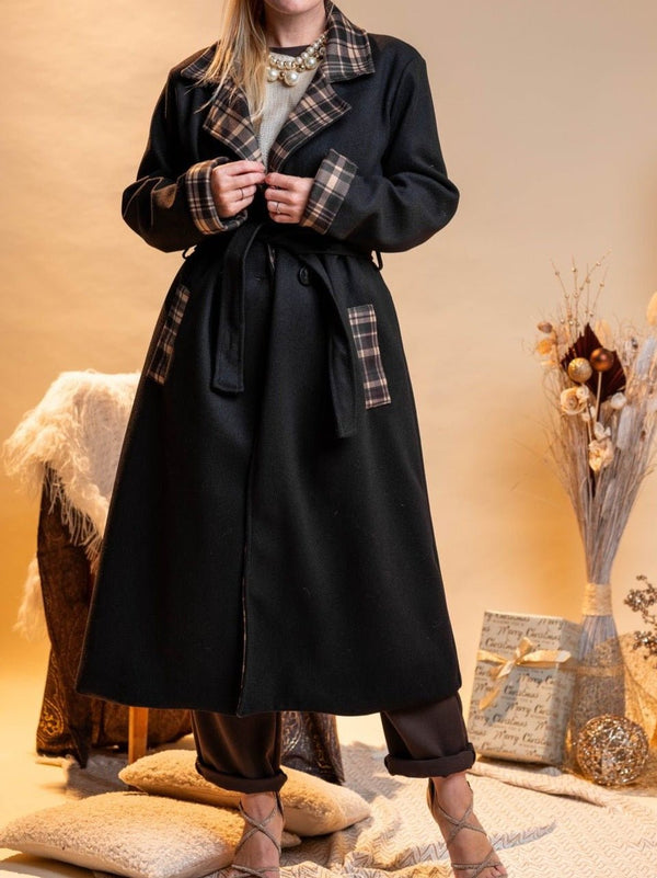 Cappotto lungo con fodera in panno con cintura inclusa con tasche , dotato di chiusura a doppio bottone pesante morbido e caldo Nero Level Stores