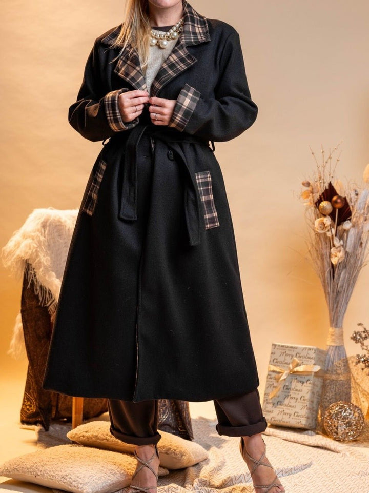 Cappotto lungo con fodera in panno con cintura inclusa con tasche , dotato di chiusura a doppio bottone pesante morbido e caldo Nero Level Stores