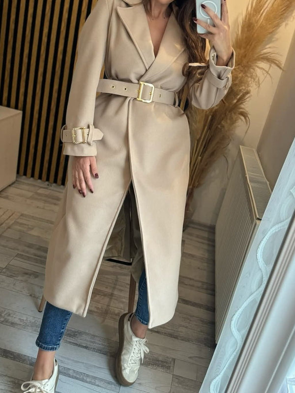 Cappotto lungo in panno caratterizzato da chiusura con bottone inclusa la cintura morbido e caldo Nero Level Stores