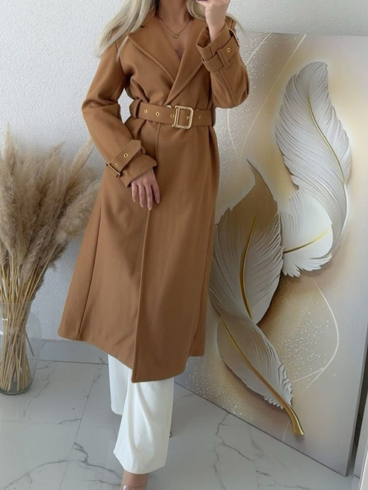 Cappotto lungo in panno caratterizzato da chiusura con bottone inclusa la cintura morbido e caldo Camel Level Stores