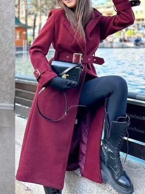 Cappotto lungo in panno caratterizzato da chiusura con bottone inclusa la cintura morbido e caldo Bordo Level Stores