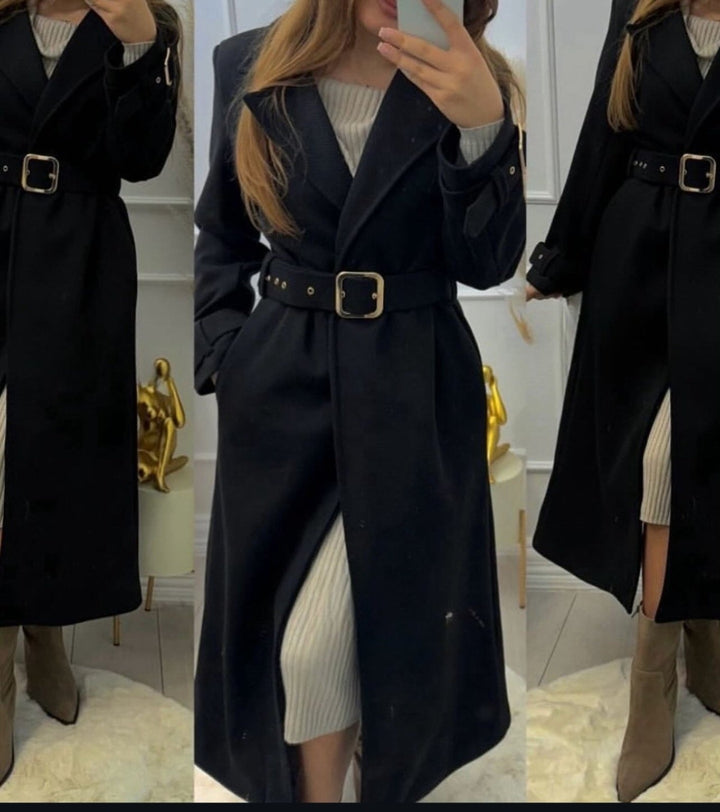 Cappotto lungo in panno caratterizzato da chiusura con bottone inclusa la cintura morbido e caldo Nero Level Stores