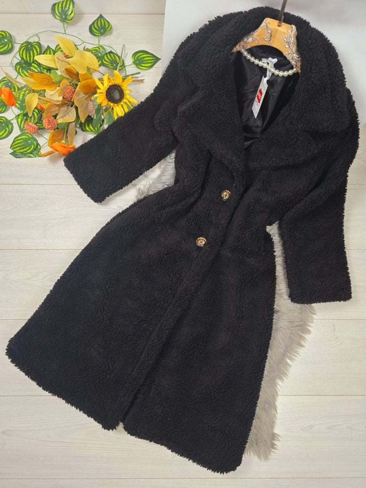 Cappotto teddy lungo bottoni tasche con fodera - Nero - Level Stores