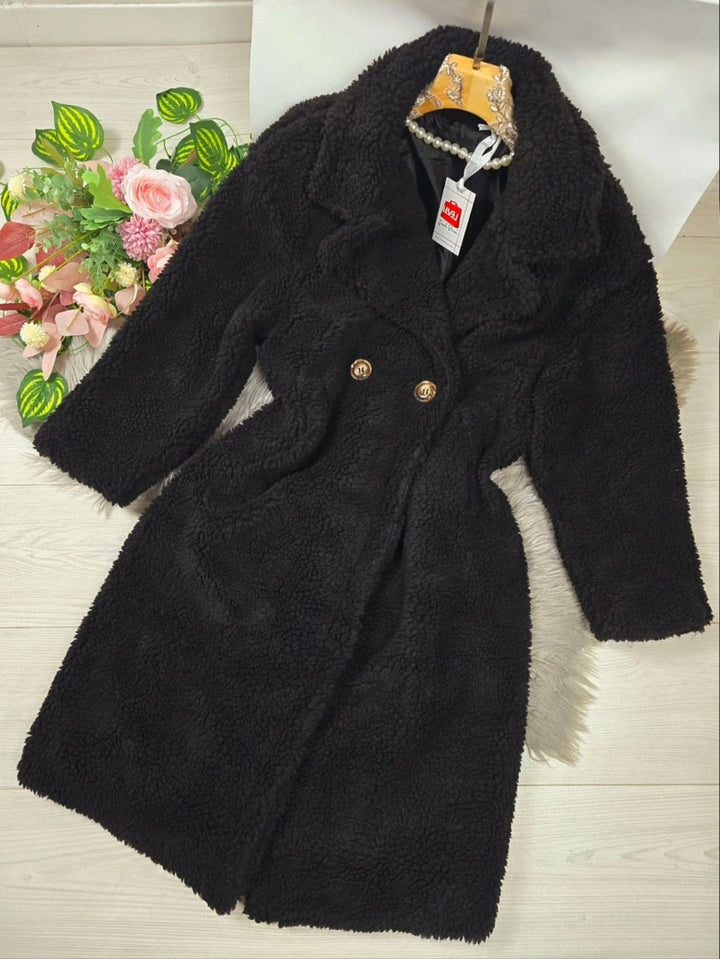 Cappotto teddy lungo bottoni tasche con fodera - Nero - Level Stores