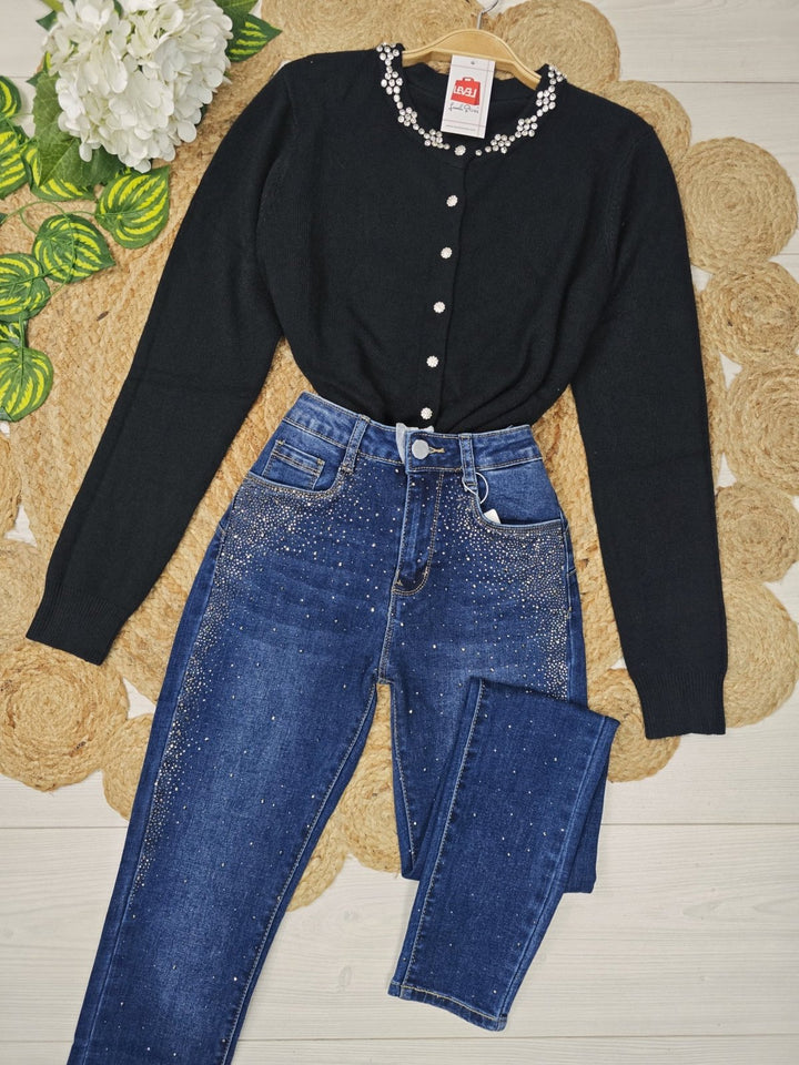 Cardigan di maglione in strass morbido e caldo Nero Level Stores