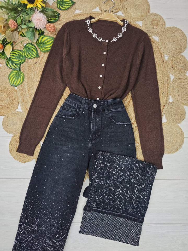 Cardigan di maglione in strass morbido e caldo Marrone Level Stores