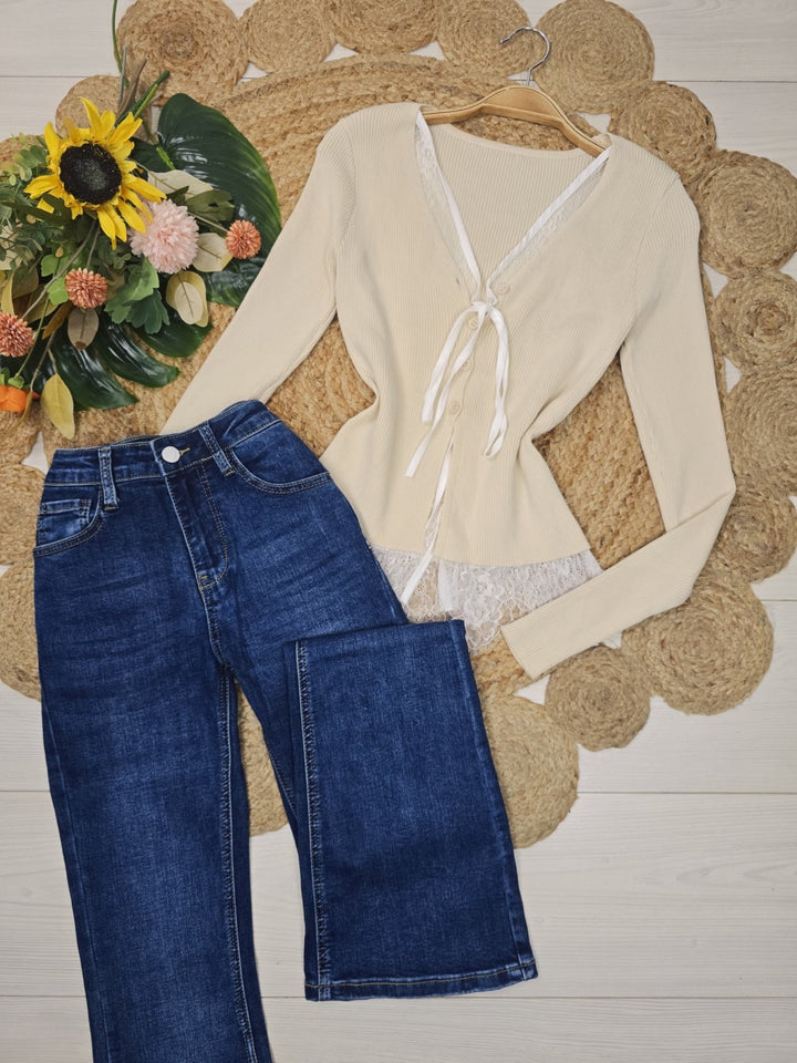 Cardigan in Maglia a costine in pizzo manica lunga elasticizzato con bottoni Beige Level Stores