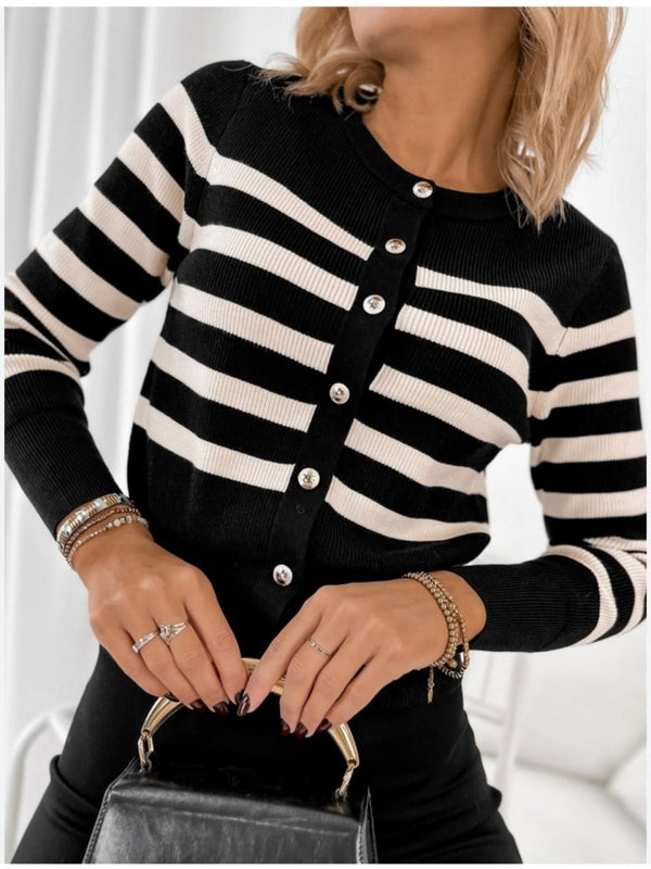 Cardigan in maglia a righe e chiusura a bottoni Nero Level Stores