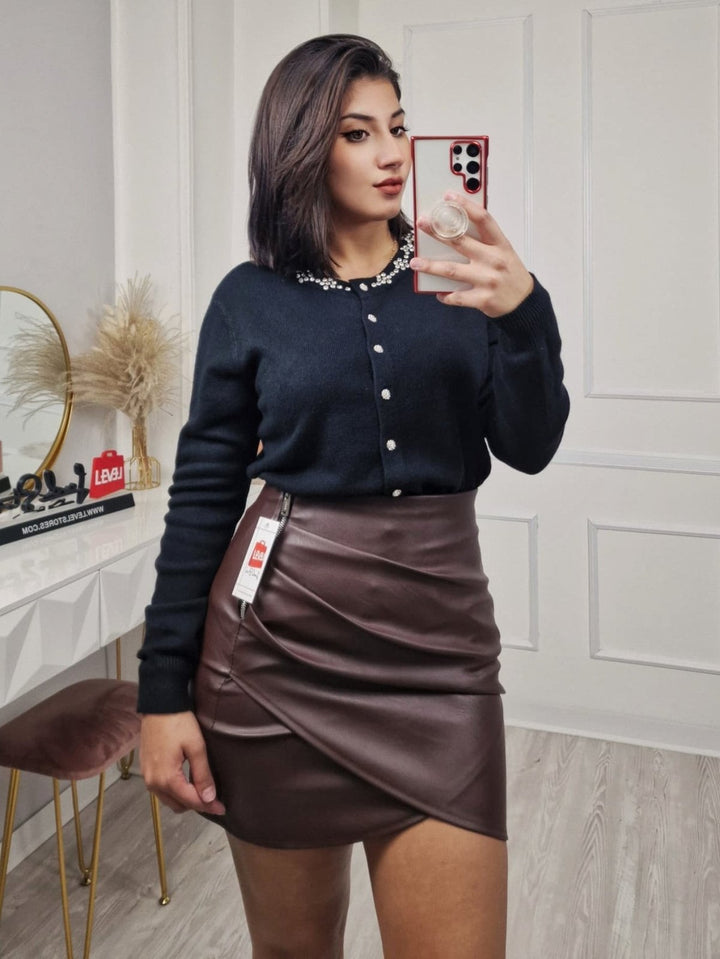 Cardigan in maglia arricchito da strass morbido e caldo Nero Level Stores