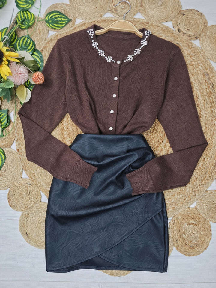 Cardigan in maglia arricchito da strass morbido e caldo Nero Level Stores