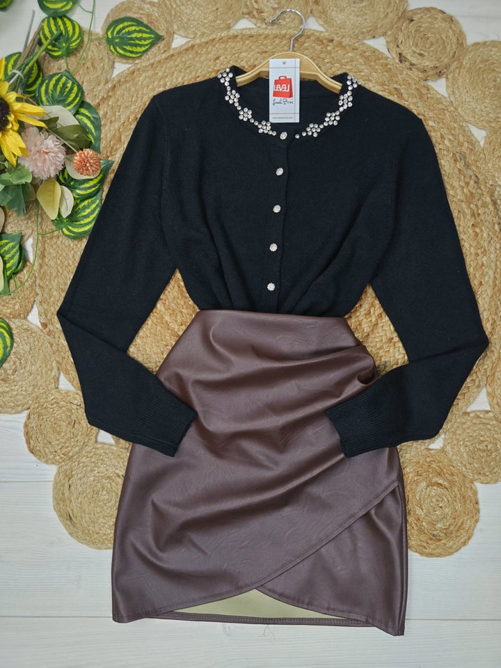 Cardigan in maglia arricchito da strass morbido e caldo Nero Level Stores