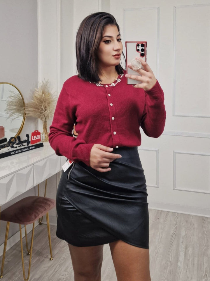 Cardigan in maglia arricchito da strass morbido e caldo Nero Level Stores