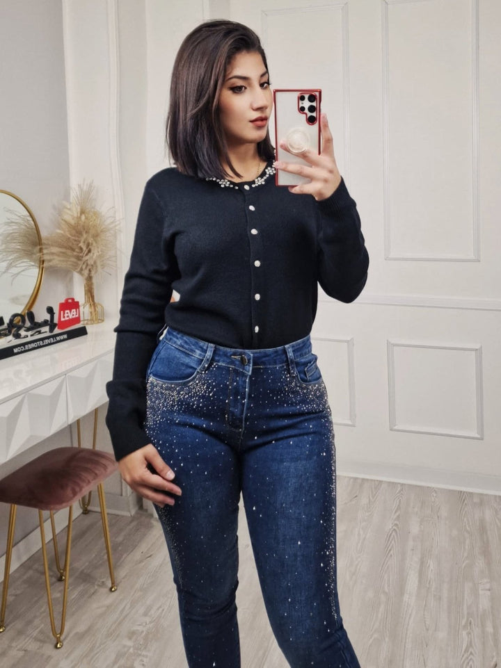 Cardigan in maglia arricchito da strass morbido e caldo Nero Level Stores