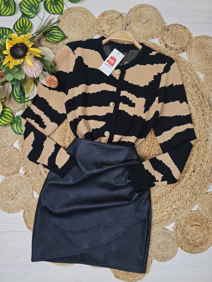 Cardigan in maglia caratterizzato da una fantasia astratta chiusura con bottoni Nero/Camel Level Stores