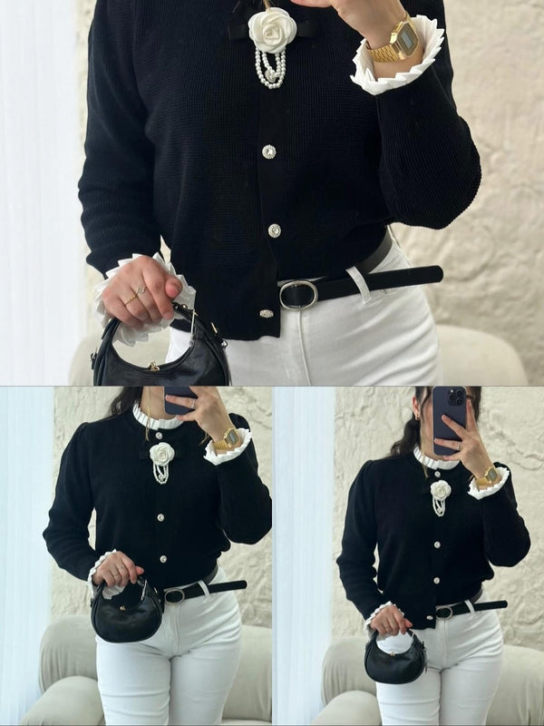 Cardigan in maglia con bottoni strass con fiore perle ,morbido e caldo Nero Level Stores