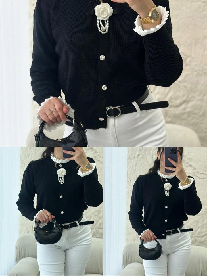 Cardigan in maglia con bottoni strass con fiore perle ,morbido e caldo Nero Level Stores