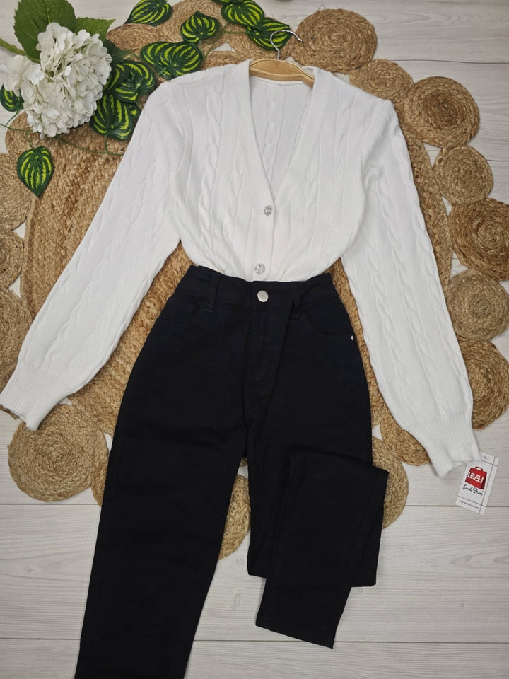 Cardigan in maglia con bottoni strass scollo a v con maniche lunghe a palloncino Bianco Level Stores