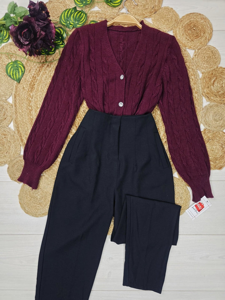 Cardigan in maglia con bottoni strass scollo a v con maniche lunghe a palloncino Bordo Level Stores
