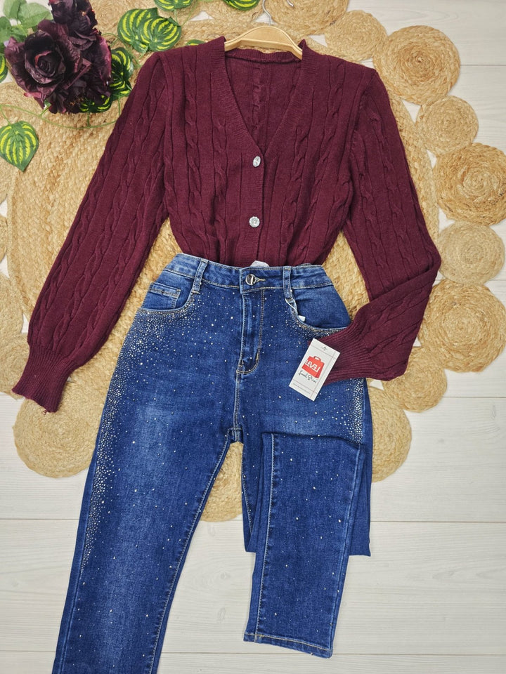 Cardigan in maglia con bottoni strass scollo a v con maniche lunghe a palloncino Bianco Level Stores