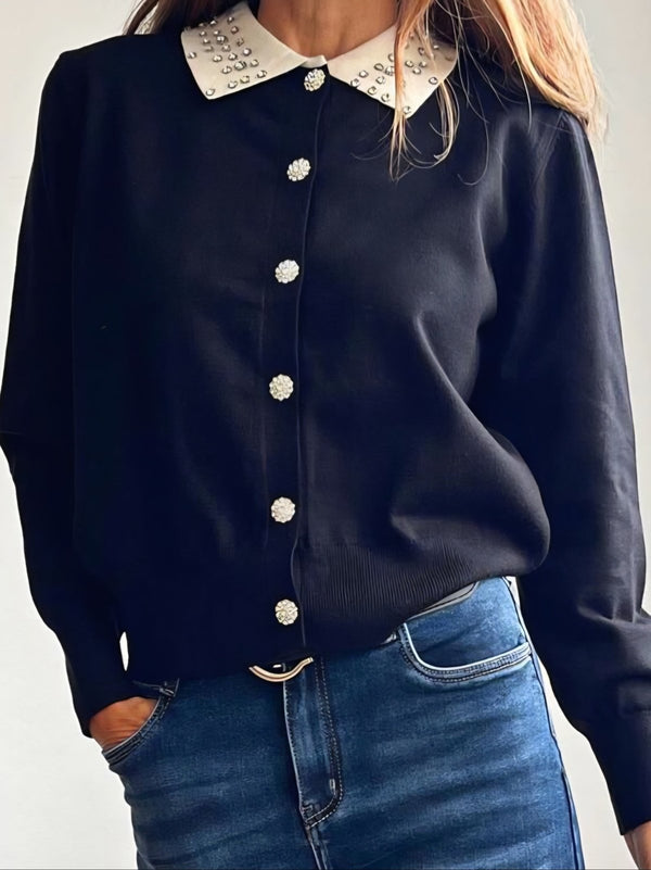 Cardigan in maglia con colletto della camicia strass con bottoni morbido e caldo Nero Level Stores