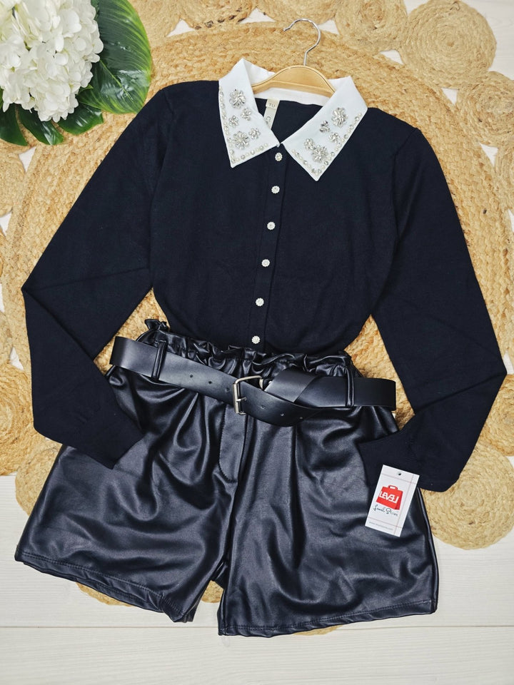 Cardigan in maglia con colletto della camicia strass con bottoni morbido e caldo Blu scuro Level Stores