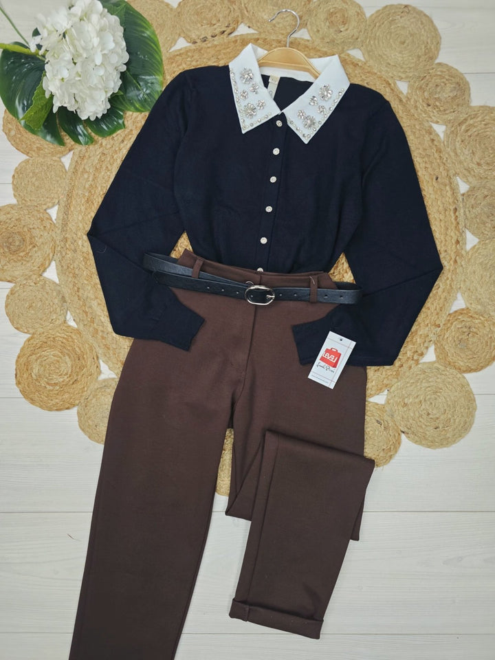 Cardigan in maglia con colletto della camicia strass con bottoni morbido e caldo Blu scuro Level Stores