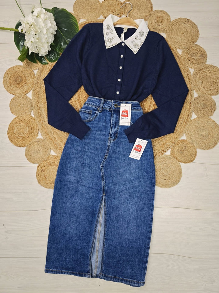 Cardigan in maglia con colletto della camicia strass con bottoni morbido e caldo Blu scuro Level Stores