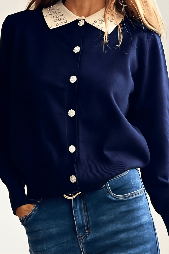Cardigan in maglia con colletto della camicia strass con bottoni morbido e caldo Blu scuro Level Stores