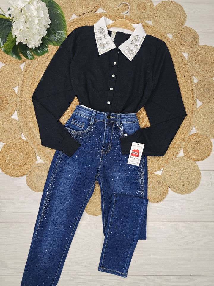 Cardigan in maglia con colletto della camicia strass con bottoni morbido e caldo Blu scuro Level Stores