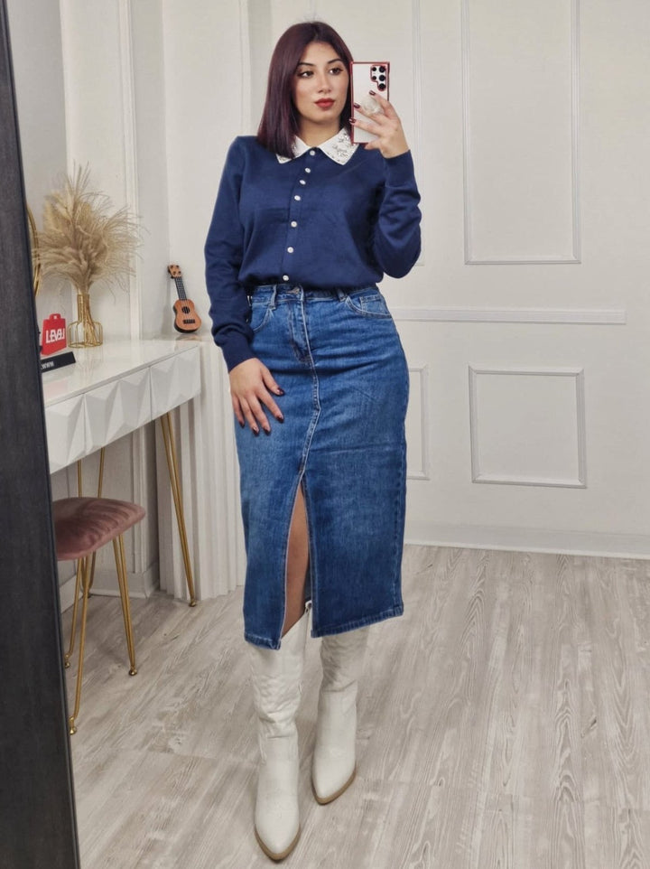 Cardigan in maglia con colletto della camicia strass con bottoni morbido e Caldogno Blu scuro Level Stores