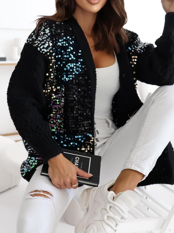 Cardigan in maglia con paillettes morbido e caldo - Nero - Level Stores