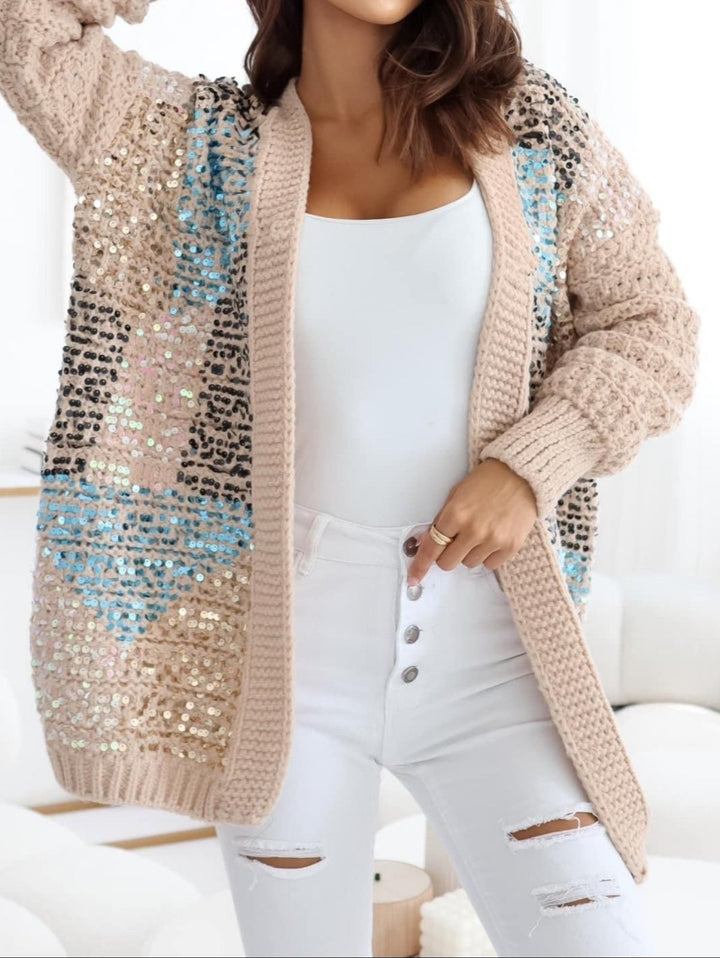 Cardigan in maglia con paillettes morbido e caldo - Beige - Level Stores