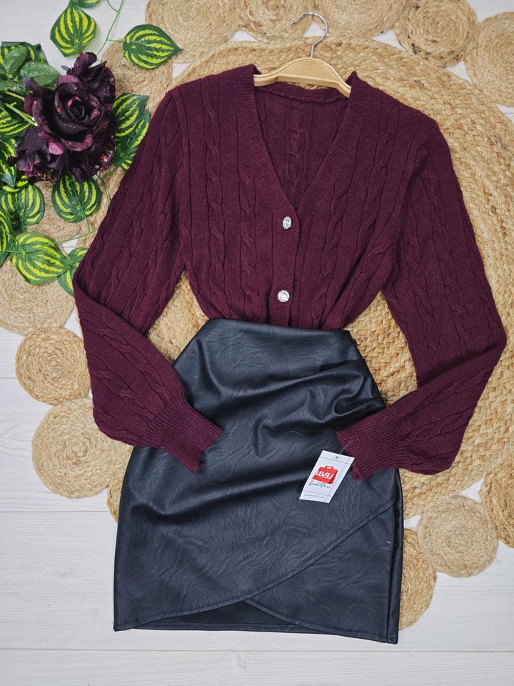 Cardigan in maglia con scollo a v bottoni decorati con strass e maniche lunghe a palloncino Nero Level Stores