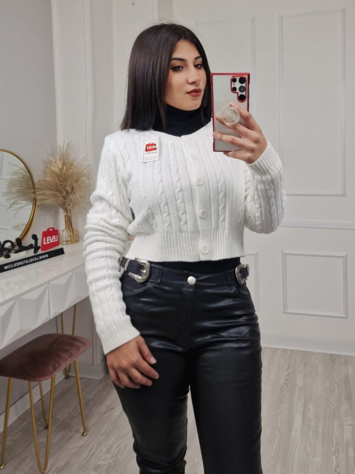 Cardigan in maglia modello corto motivo a intreccio con bottoni morbido Nero Level Stores