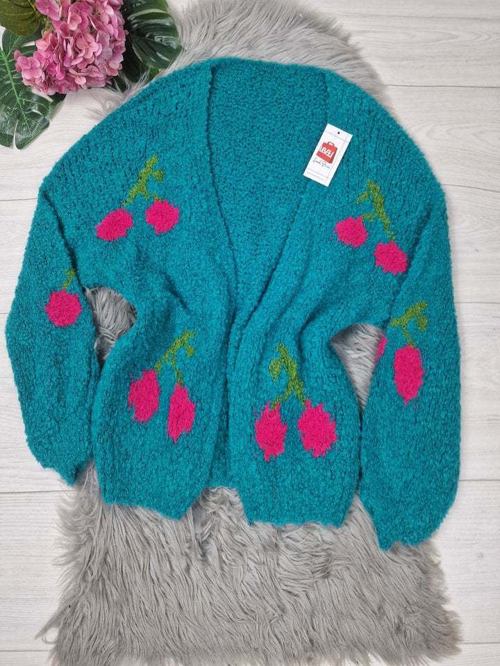 Cardigan in maglia pesante con fantasia floreale - Verde tiffany - Level Stores