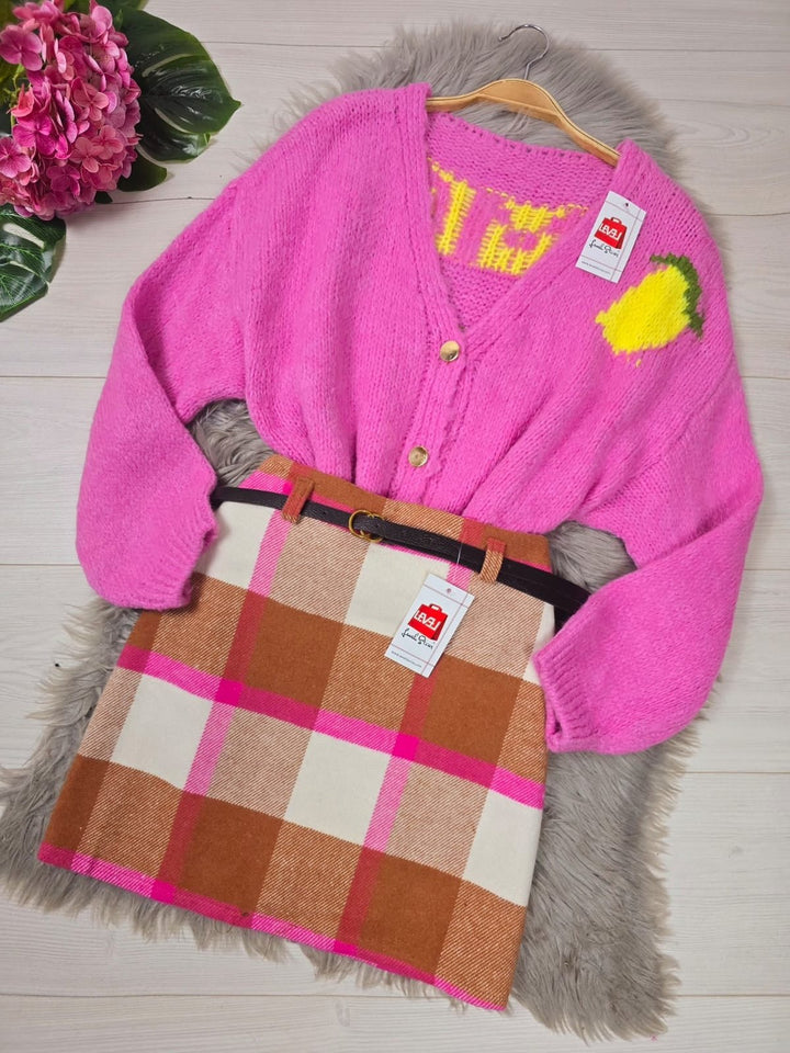 Cardigan in maglia pesante con fantasia limone Bottoni - Rosa barbie - Level Stores