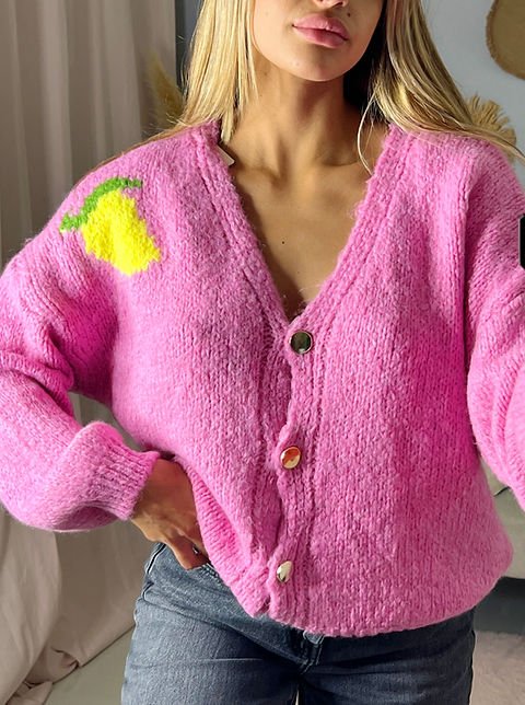 Cardigan in maglia pesante con fantasia limone Bottoni - Rosa barbie - Level Stores