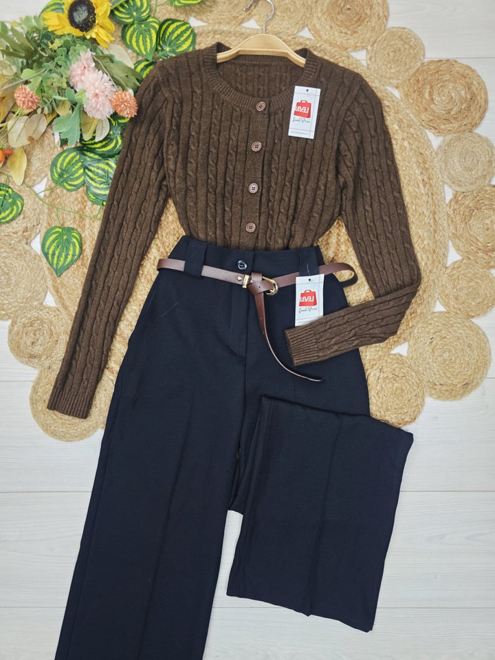 Cardigan in Maglione motivo a intreccio con bottoni morbido Marrone Level Stores