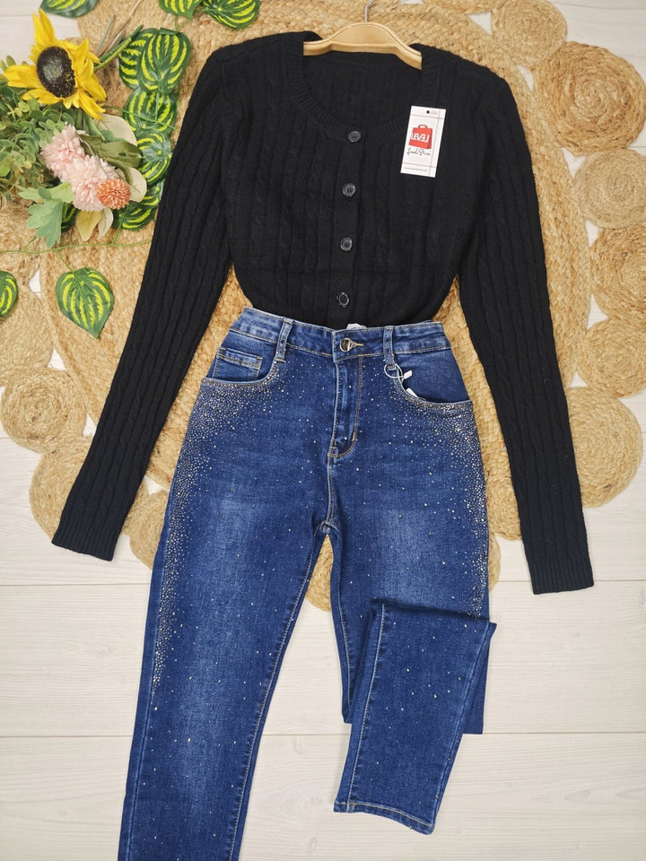 Cardigan in Maglione motivo a intreccio con bottoni morbido Nero Level Stores