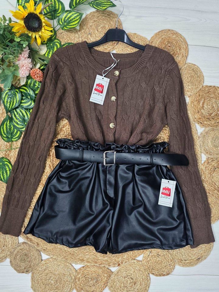 Cardigan in Maglione motivo a intreccio con bottoni morbido Marrone Level Stores