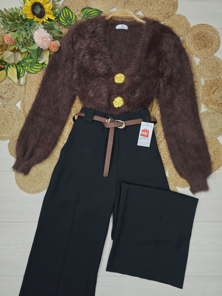 Cardigan in pelliccia con bottoni morbido e caldo Marrone Level Stores