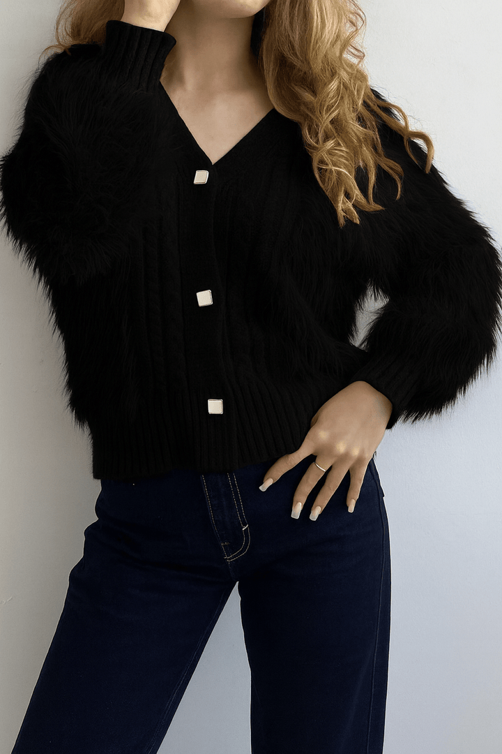 Cardigan in pelliccia con bottoni morbido e caldo Nero Level Stores